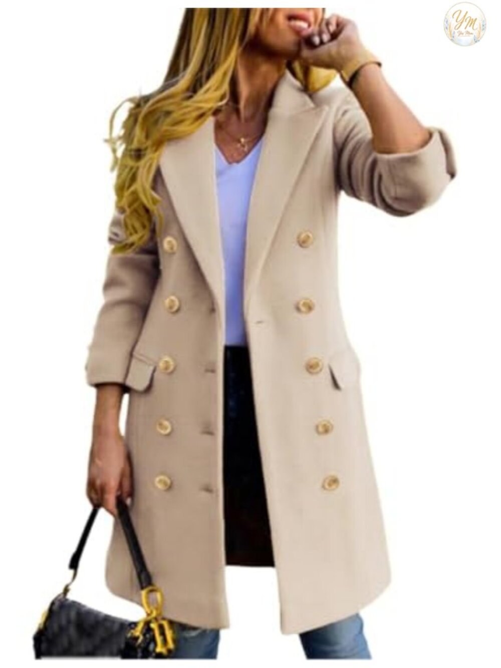 Wool Blend Double Breasted Peacoat Women's Long Sleeve Knee Length
